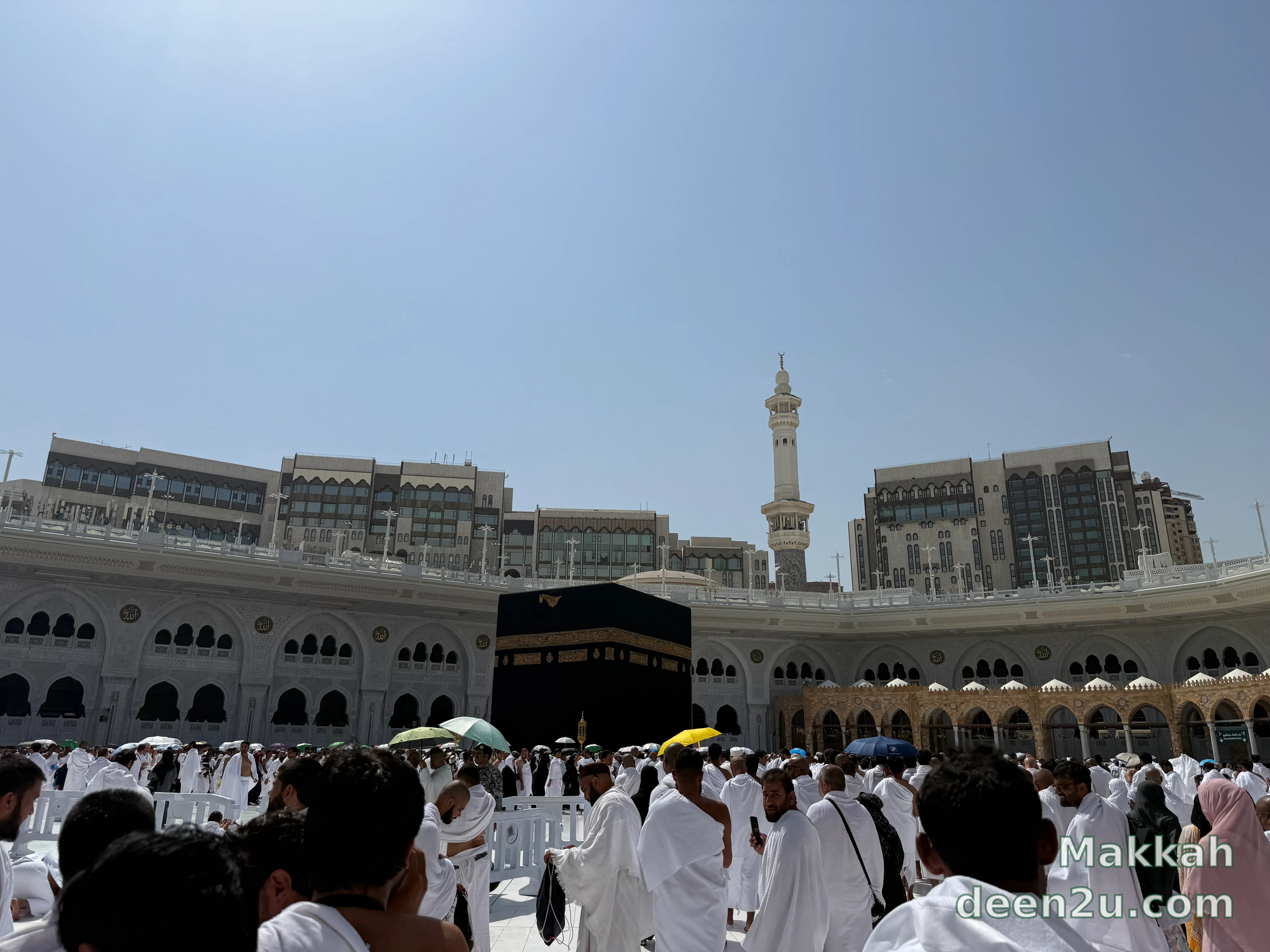 Masjid al-Haram in Makkah — the Sacred Mosque surrounding the Kaaba, filled with worshippers.